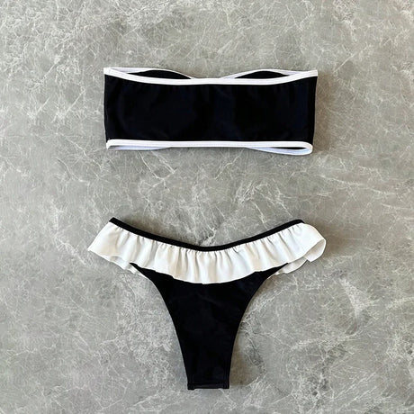 Black White Bandeau Bikini Set Ruched Top Ruffle Bottom Women Beach Swimsuit