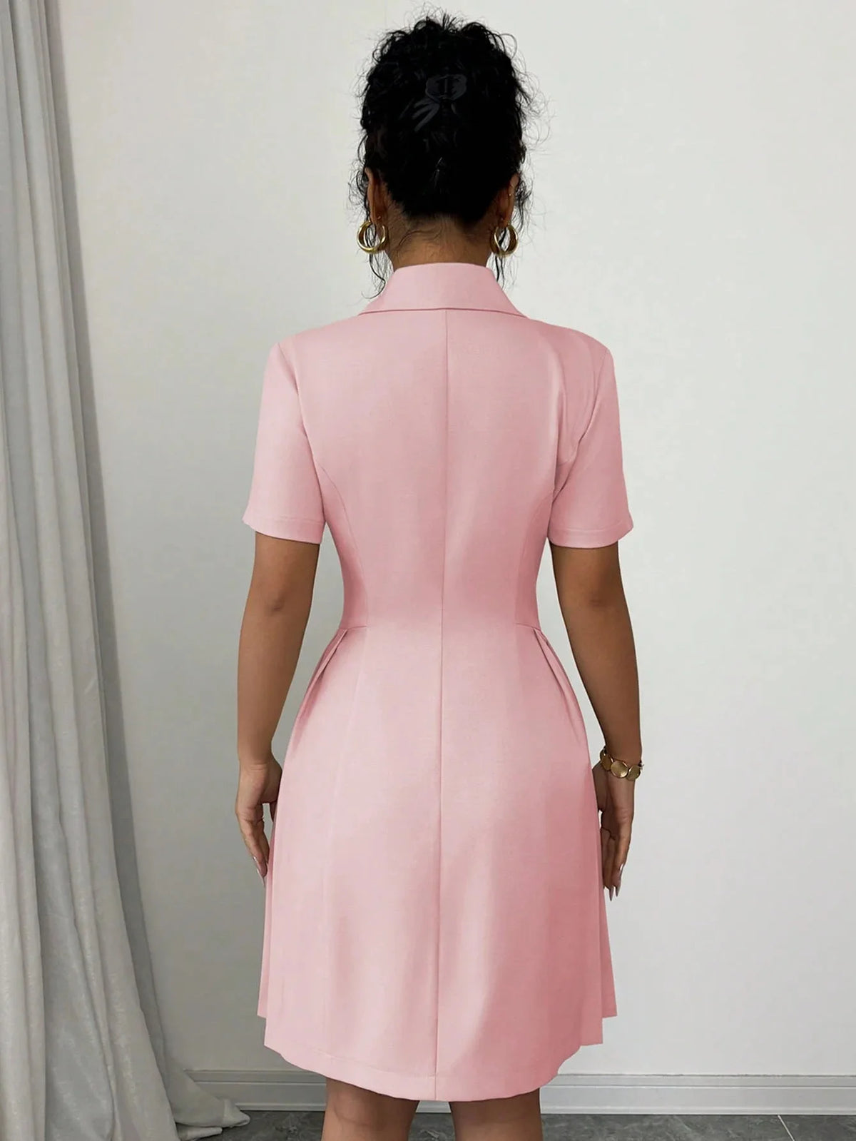 2026 Luxury Dresses Solid Color Notched Lapel Double Breasted Short Sleeve Slim Summer Midi Dress for Woman Clothes