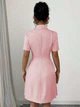 2026 Luxury Dresses Solid Color Notched Lapel Double Breasted Short Sleeve Slim Summer Midi Dress for Woman Clothes