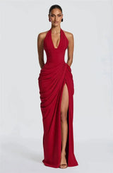 Mozision Wine Red Halter Deep V Maxi Dress Women Elegant Draped Ruched High Split Bodycon Cocktail Wedding Club Party Dresses