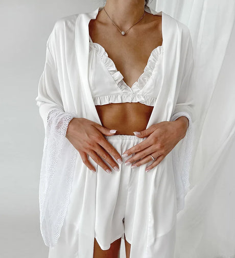 Pajama Sets Patchwork Lace Robe Sets With Bra Satin Sexy Underwear Set Woman 3 Pieces Sleepwear Sets Bathrobes 2023 Nightwear