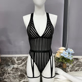 Sexy Lingerie Strip See Through Bodysuit Deep-V Halter Erotic Costumes Backless Jumpsuit Suspenders Underwear Women Garter 2024