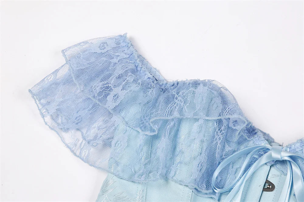 Women Sky Blue Retro Jacquard Corset Tops Lace Short Sleeved One Shoulder Sexy Slimming Shaper Overbust Bustiers Lingerie