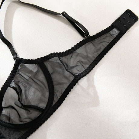 Ellolace Solid Lingeries Sexy Hot Sissy See Through Mesh Bra 3PC Set with Stockings Tempted Underwear Fancy Erotic Clubwear