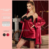 New European Luxury Plus Size Women Pajama Set Sexy Spaghetti Strap Nightgown with Fringe Trim Matching Robe Loungewear