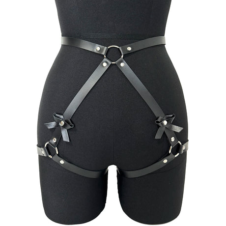 Fashionable Women's Bowknot Leg Harness with Bracelet Faux Leather Buttocks Adjustable Suspenders Gothic Garter Thigh Sword Belt