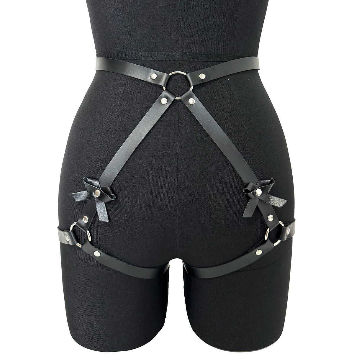 Fashionable Women's Bowknot Leg Harness with Bracelet Faux Leather Buttocks Adjustable Suspenders Gothic Garter Thigh Sword Belt