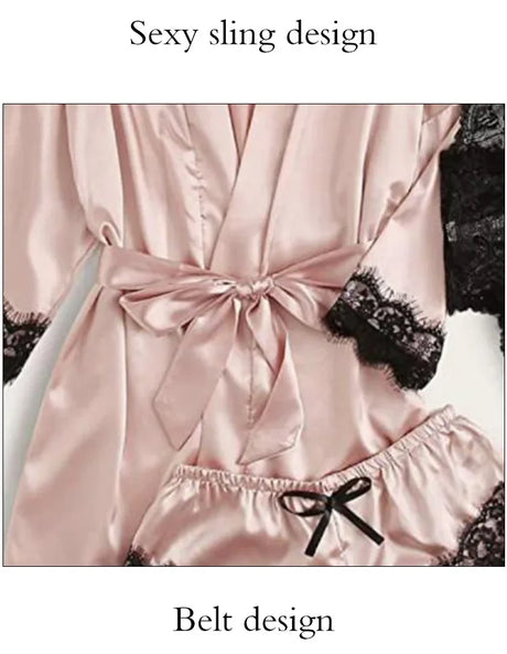 4 Pieces Woman Sleepwear Pajamas Ser With Robe Sexy Lace Lingerie Bathrobe Silk Satin Home Clothed Nightwear Robe