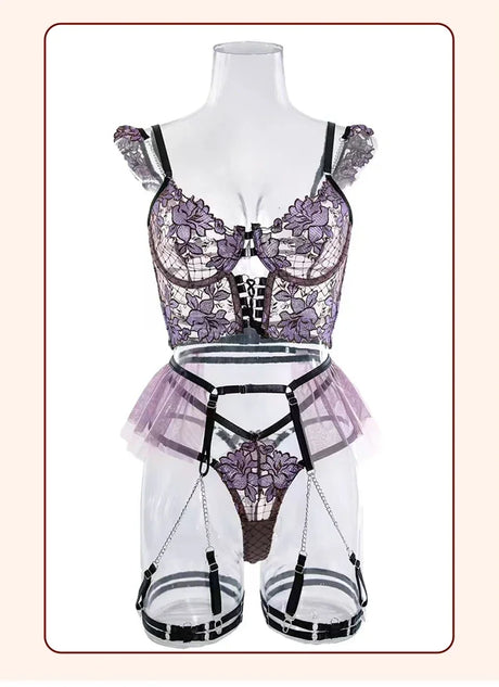 Erotic Lingerie for Women Sexy Set Underwear Floral Transparent Lace Bra and Panty Intimate Sets with Garter Outfits Bodysuits