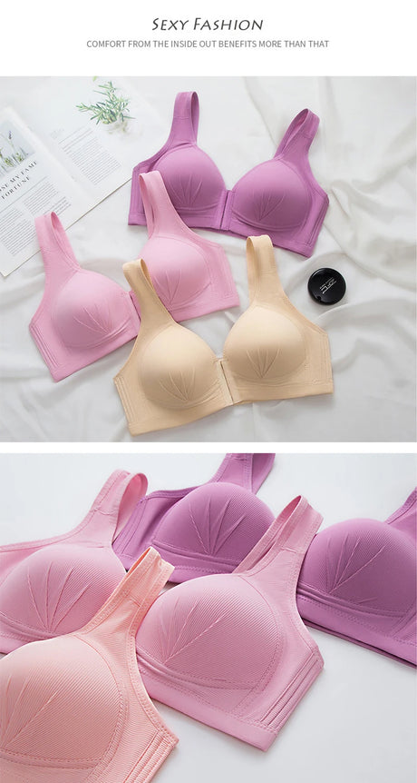 Women's Bra Wire-Free Front Closure Solid Color Full Coverage Fixed Cups Push up Brassiere Gather Bra Shockproof Underwear