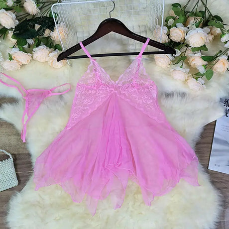 Tulle Suspenders Exquisite Women's Lencerias Lace V-Neck Underwear Semi-transparent Thong Dress Set Females Lingerie Nightgowns
