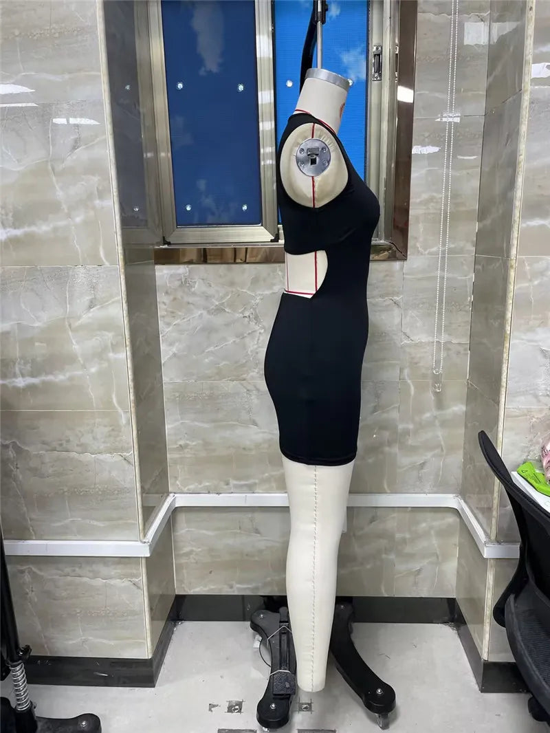 Gold Metal Decor Sleeveless Short Dress  For Women sexy solid black Bodycon dress For Women