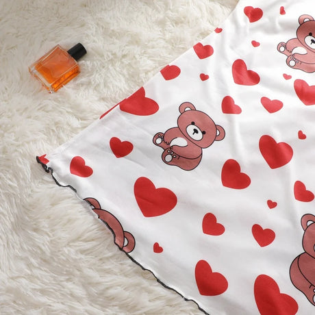 Summer Women Satin Sleepdress Cute Teddy Bear Butterfly Heart Floral Pinting Sleepwear Ladies Sexy Sling Ruffled Hem Loungewear