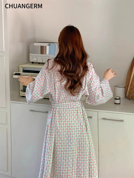CHUANGERM Women Sweet Plaid Long Sleeve V‑Neck Lace Up Loose Medium‑Long Robe Comfortable Sexy Home Wear Loungewear