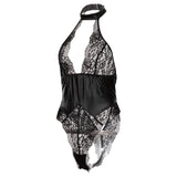 Porn Suit Women Sexy Lingerie Black PU Latex Leather Halter Lace Backless Bodysuit Underwear Skinny Bodycon Body Suit Teddies