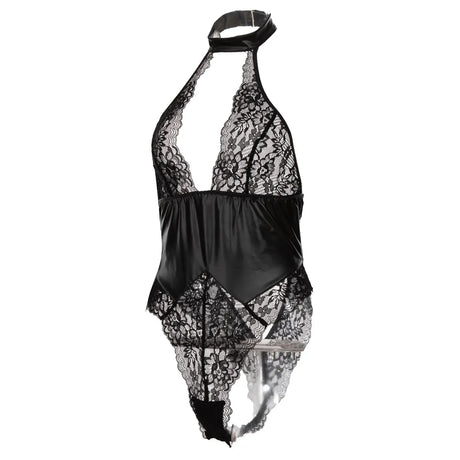 Porn Suit Women Sexy Lingerie Black PU Latex Leather Halter Lace Backless Bodysuit Underwear Skinny Bodycon Body Suit Teddies