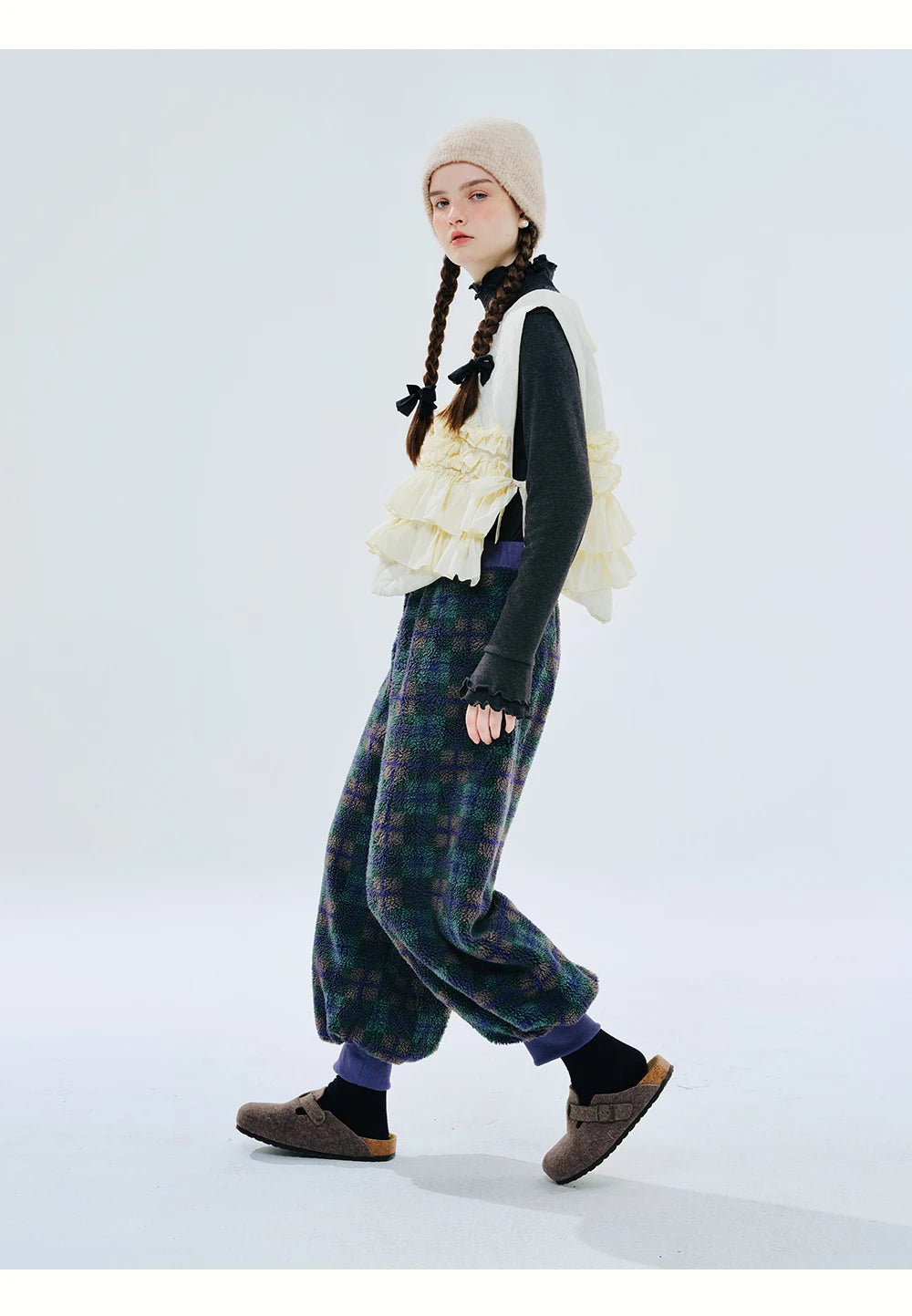 Green Plaid Lamb Wool Lantern Pants Female clothing women's pants and trousers Elastic Waist Loose Baggy Trousers for woman