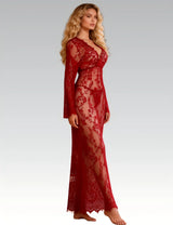Eyelash Lace Long Sleeve Maxi Nightdress for Women Sexy Deep V Sleepwear with Thong Plus Size