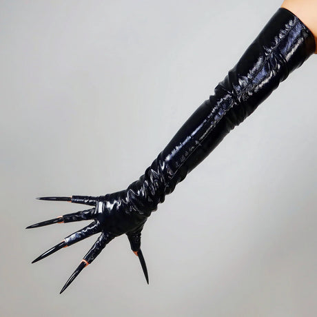 Oil Glossy Black Long Leather Fingerless GLOVES for Long Nails Half Finger 70cm Faux PU Fashion Evening Role Play Cosplay Glove