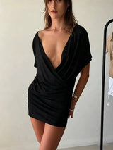 Mozision Deep V Neck Warp Sexy Mini Dress Women Elegant Short Sleeve Backless Ruched Bodycon Club Party Dress Female Clubwear
