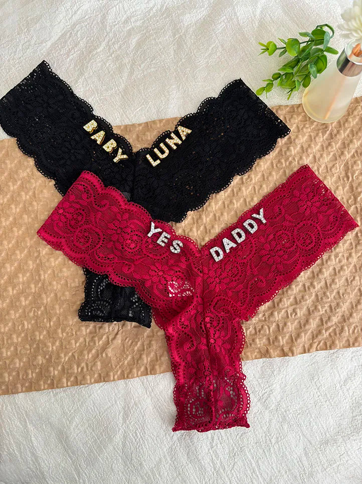 Personalized Text Custom Thong Customization Name Crystal Letters Panties Sexy Lace Underpants for Woman Wife Girlfriend Gift