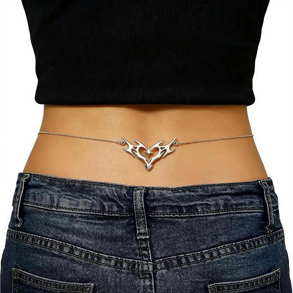Gothic Heart Flame Waist Chain Sexy Punk Metal  Waist Belly Belt Chain Y2K Body Chain for  Beach Bikini Party Outfit Jewelry