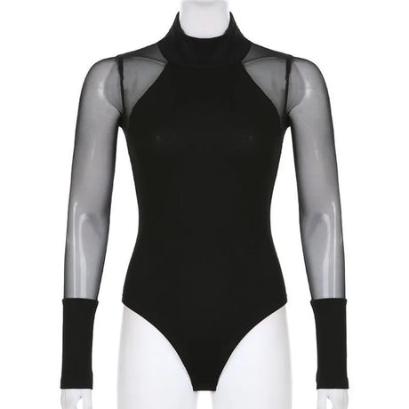 Fashion High Collar Long Sleeve Jumpsuit Translucent Simple Romper Shorts Female Clothes Slim Fit Lace Bottoming Shirt Female