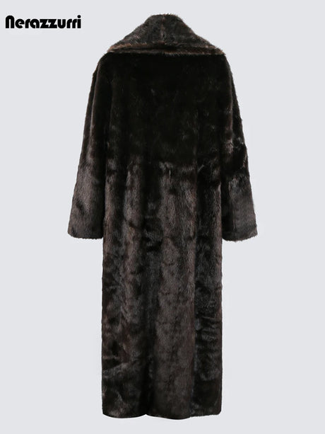 Nerazzurri Autumn Winter Extra Long Thick Warm Brown Fluffy Faux Mink Fur Coat Women Luxury Elegant Chic Furry Overcoat 2024