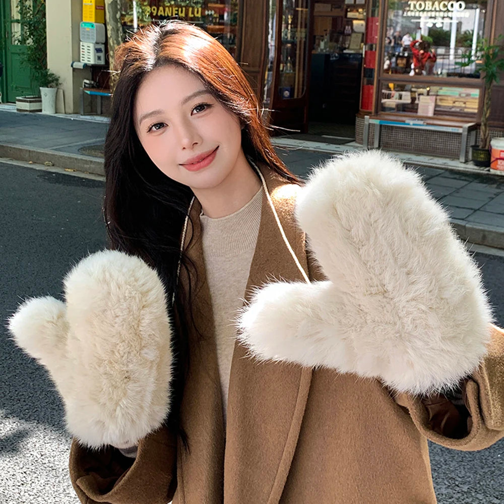 Hot Sale Women's 100% Natural Rabbit Fur Winter Gloves Warm Knit Thick Thermal Mittens Soft Real Fur Outdoor Cold Weather Glove