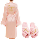 Personalized Name Date Wedding Feather Bride Robe Bridesmaid Bathrobe Nightwear Long Elegant Woman Gown Sexy Nightgown for Party