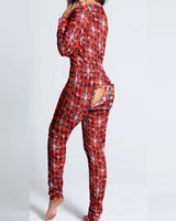 Sexy Pyjama Women's Long Sleeves Homewear Suit Button-Down Front Back Butt Bum Open Ass Flap Jumpsuit Loungewear Christmas Print