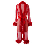 Sexy Mesh Feather Nightdress For Women Thin Robe Long Lingerie Nightgown Bathrobe Pajamas Sexy Lingerie Sleepwear Porn Babydoll