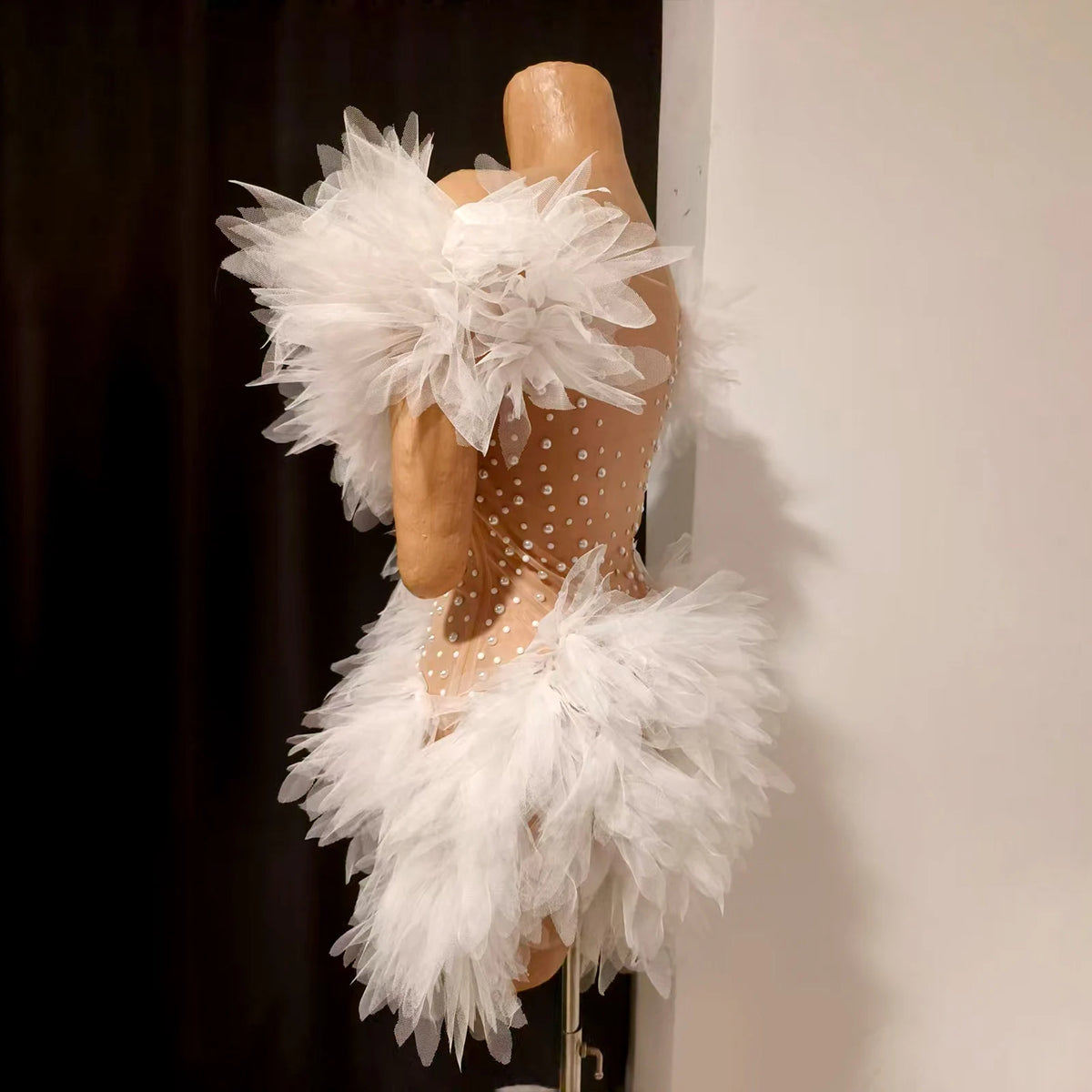 Sexy White Rhinestone Skirt Transparent Wings Mini Dress Bar Nightclub Party Singer Stage Performance Costume Drag Queen Outfit