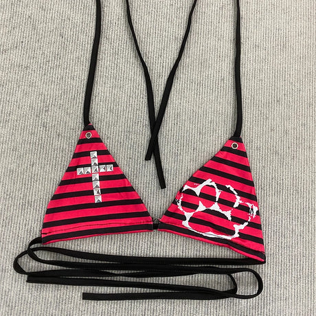 Striped Cross & Paw Print Bikini Set Women Triangle Halter Top Tie Side Bottoms Summer Y2K Punk Aesthetic Beachwear