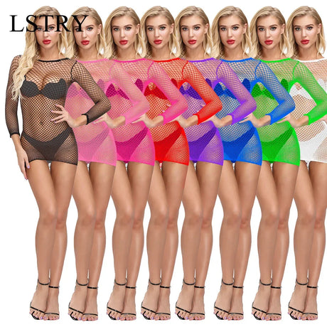 Sexy Fishnet Mesh Club Dress Summer Long Sleeve See Through Mini Dress Women Round Collar Ladies Dress Beach Plus Size Outfit
