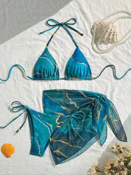 Women's Bikini Swimsuit Set, Blue Marble Three-Piece Swimsuit, Sexy Triangle Top with Straps, Triangle Bottoms with Mesh Overlay, Half Skirt