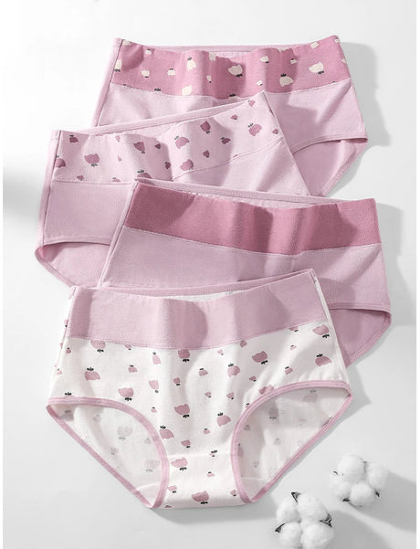 4Pcs Cotton Women Panties Breathable Underwear Fashion Print Ladies Briefs Slim Soft Underpants High-Rise Sexy Ladies Lingerie