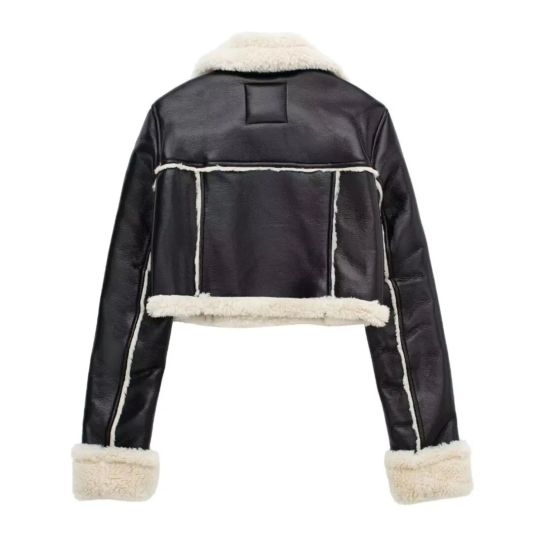 HH Women Faux Leather Thicken Short Jacket Vintage Front Zipper Lapel Long Sleeve Coat Winter Women Warm Casual Outerwear