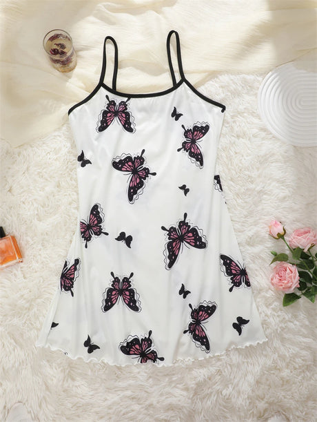 New Women's Silk Satin Print Nightwear Home Clothes Sexy Sleeveless Ruffled Hem Sleep Dress Female Comfortable Nightgown Clothes