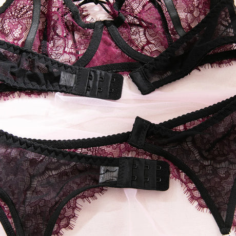 Women's 4-Piece Sheer Lace Lingerie Set Crisscross Strap Bra Garter Belt Long Socks Seductive Intimate Underwear