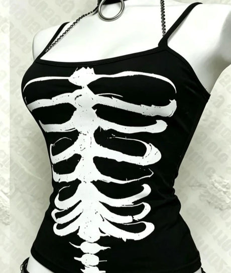 Y2K Gothic Alt Sleeveless Crop Top Vintage Grunge Skeleton Front Back Graphic Slim Women Skeleton Ribcage Spine Cami Tank Tops