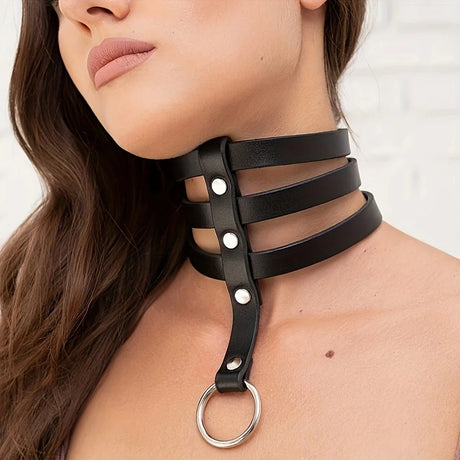 Street Style Gothic Punk Pu Leather Choker With O-Ring Adjustable Collar Necklace For Women, Perfect For Halloween