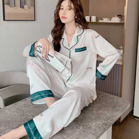 Satin Silk Pajamas for Women's Set pyjamas Button Pigiama Donna pjs Winter Mujer Pijama Sleepwear Nightwear woman 2 piece set