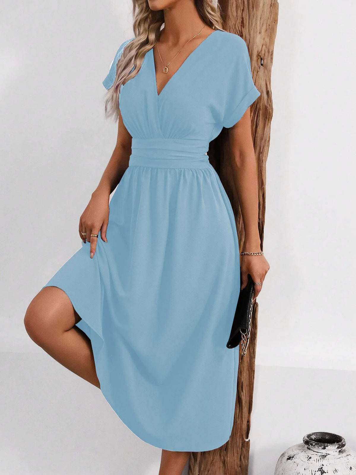Dresses 2025 Woman Summer Solid-Color V-Neck Batwing-Sleeve Pleated Long Elegant Dress Woman Clothing Tops Skirts Y2k Clothes