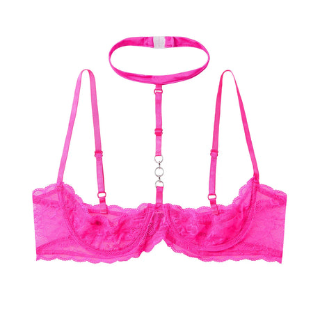Womens 1/4 Cups Underwire Bra Halter Neck O Ring See Tthrough Lace Push Up Brassiere Sexy Lingerie Breast Open Bras Underwear
