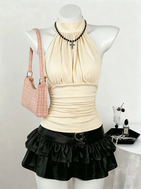 Women Beaded High Neck Halter Sleeveless Top Side Ruched Slim Fit Solid Black Crop Tank Top 2026 Summer Gothic Streetwear Club P