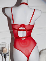 Women's Mesh PU Leather Bodysuits Sleeveless Halter Hollow Out Leotard Body Top Jumpsuits for Party Club