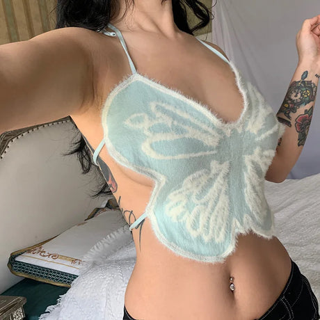 Hot Butterfly Jeans Crop Top Backless Strap Camis Sexy Lingerie Bow Bra Women Beach Mini Vest Butterfly Tank Tops Party Clubwear