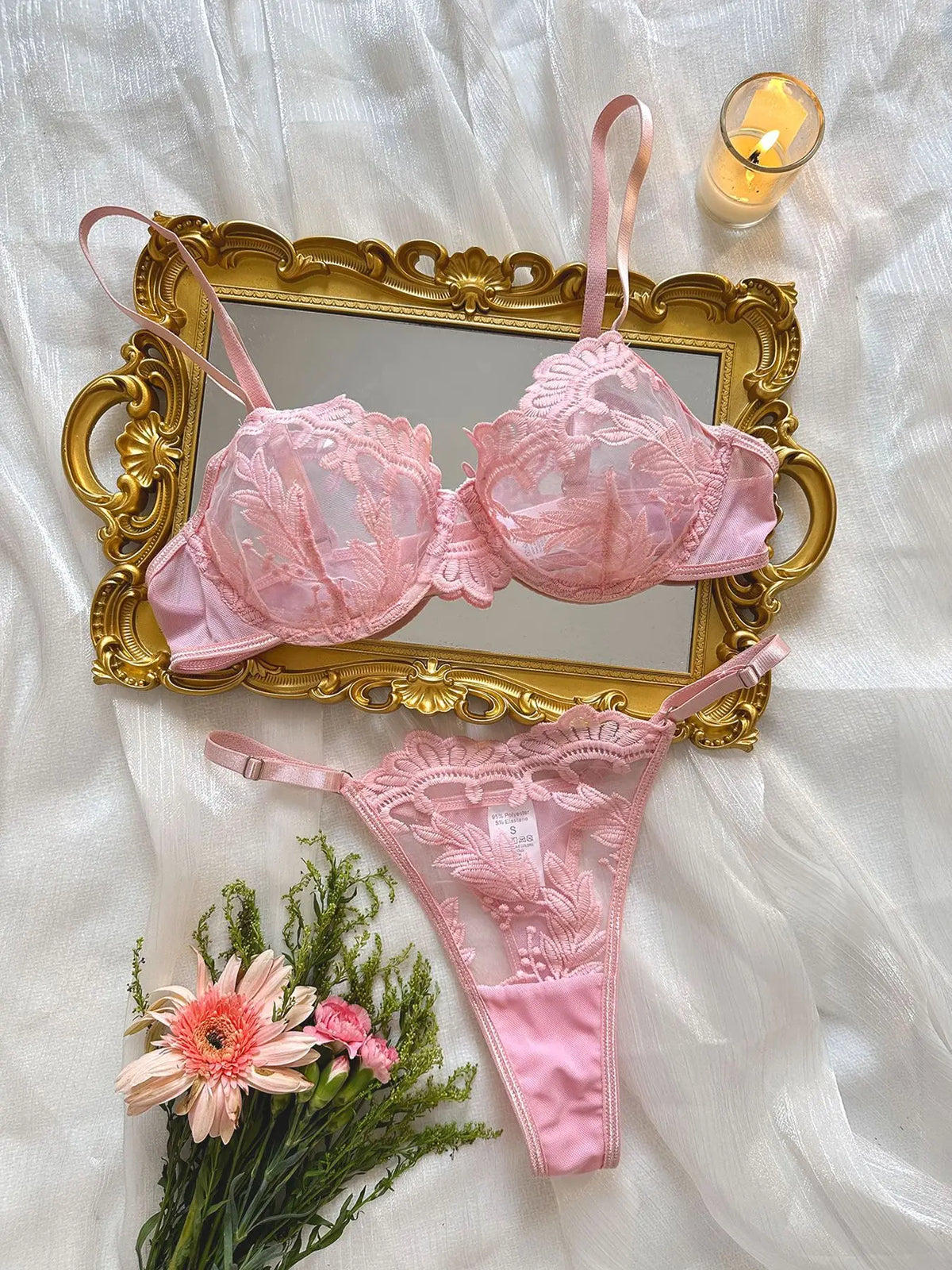 Personalized Thong with Name Embroidery Floral 2pc ingerie Set Custom Your Name Thong Sheer Bra Brief Underwear Anniversary Gift