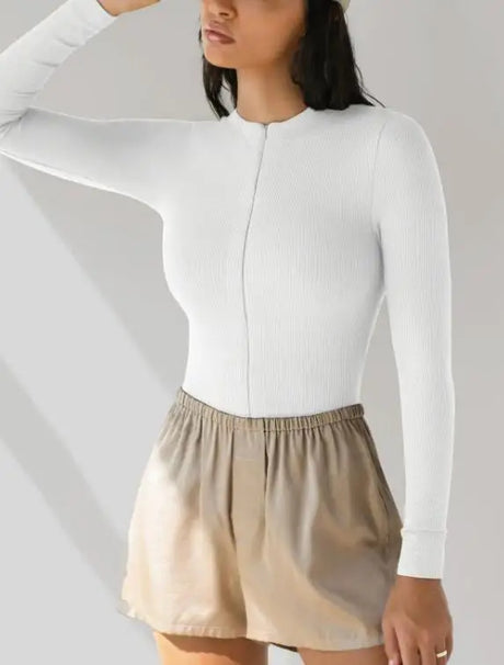 Bodysuit Women 2026 Spring New Solid Color Half Zipper Design Round Neck Long Sleeve Skinny Daily Basic Knit Bodysuit Top